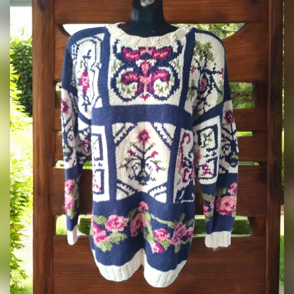 Climax Vintage Chunky Knit Oversized Floral Sweater